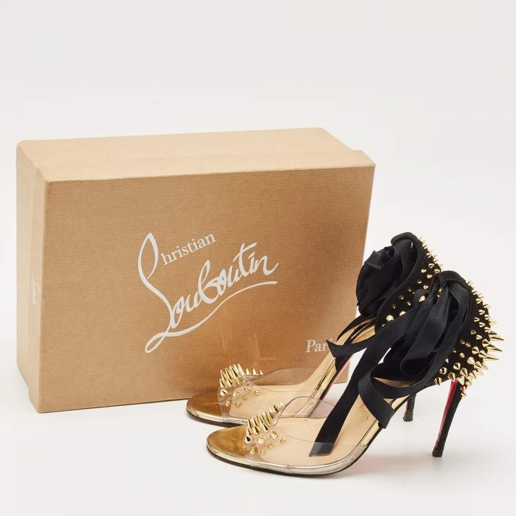 Pre Owned Christian Louboutin Black/Transparent Suede and PVC Barbarissima Spike Wrap Sandals Size 38.5