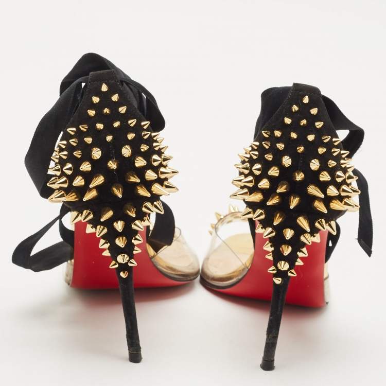 Pre Owned Christian Louboutin Black/Transparent Suede and PVC Barbarissima Spike Wrap Sandals Size 38.5