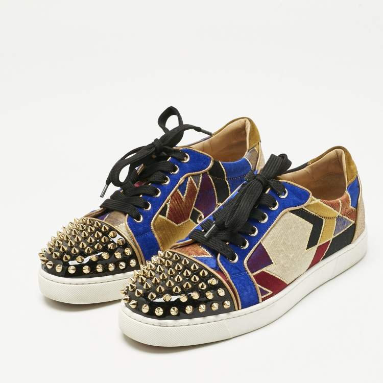 Pre Owned Christian Louboutin Multicolor Fabric and Suede Vieira Spikes Orlato Sneakers Size 38