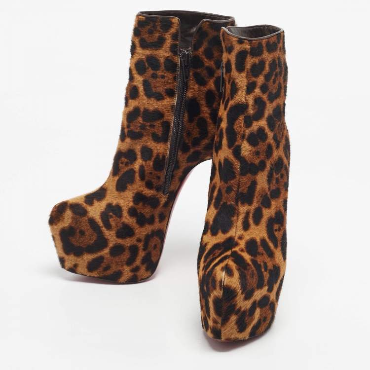 Pre Owned Christian Louboutin Brown Leopard Print Calf Hair Fifi Platform Ankle Boots Size 35.5