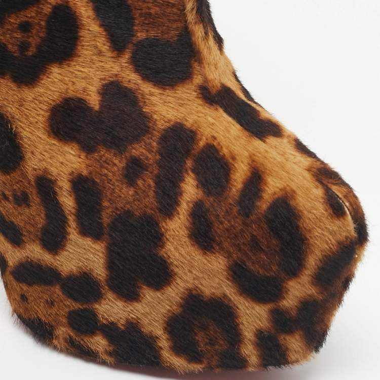 Pre Owned Christian Louboutin Brown Leopard Print Calf Hair Fifi Platform Ankle Boots Size 35.5