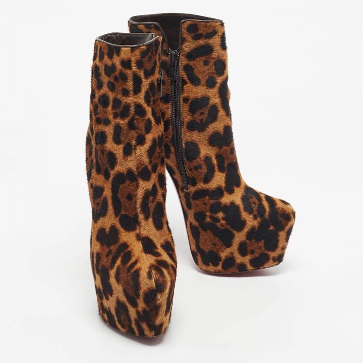 Pre Owned Christian Louboutin Brown Leopard Print Calf Hair Fifi Platform Ankle Boots Size 35.5