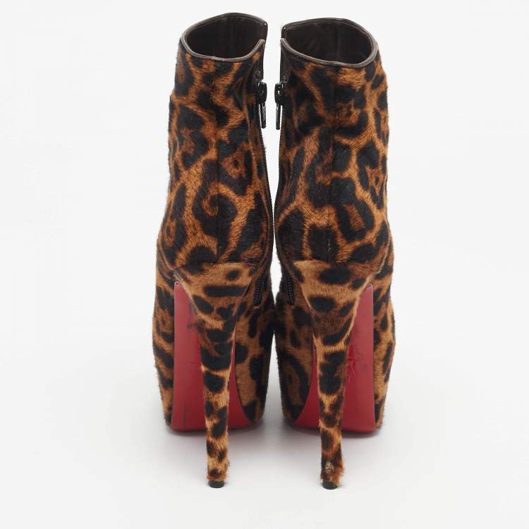 Pre Owned Christian Louboutin Brown Leopard Print Calf Hair Fifi Platform Ankle Boots Size 35.5