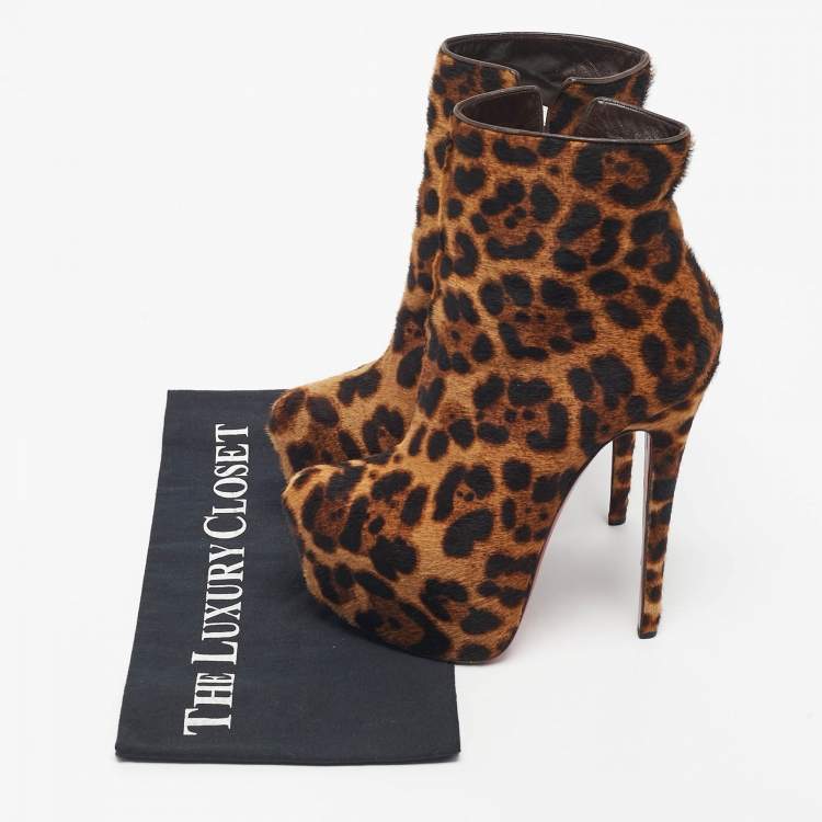 Pre Owned Christian Louboutin Brown Leopard Print Calf Hair Fifi Platform Ankle Boots Size 35.5