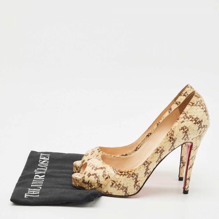 Pre Owned Christian Louboutin Cream/Brown Python Leather New Very Prive Peep Toe Pumps Size 39.5
