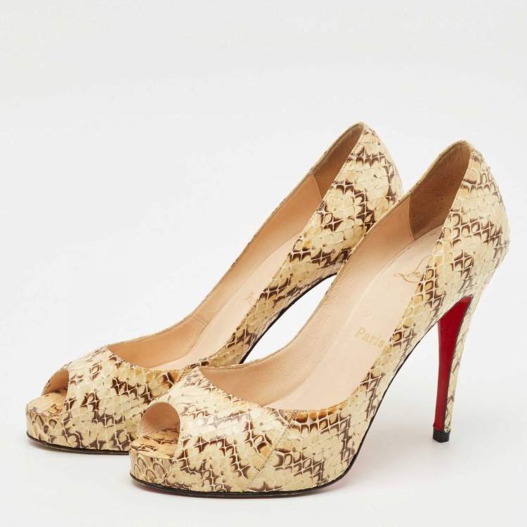 Pre Owned Christian Louboutin Cream/Brown Python Leather New Very Prive Peep Toe Pumps Size 39.5