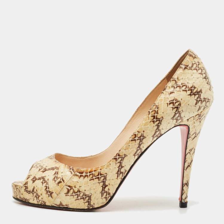 Pre Owned Christian Louboutin Cream/Brown Python Leather New Very Prive Peep Toe Pumps Size 39.5