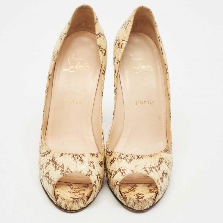 Pre Owned Christian Louboutin Cream/Brown Python Leather New Very Prive Peep Toe Pumps Size 39.5