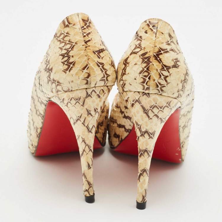 Pre Owned Christian Louboutin Cream/Brown Python Leather New Very Prive Peep Toe Pumps Size 39.5