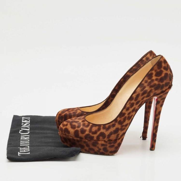 Pre Owned Christian Louboutin Brown Leopard Print Calf Hair Bianca Platform Pumps Size 39.5