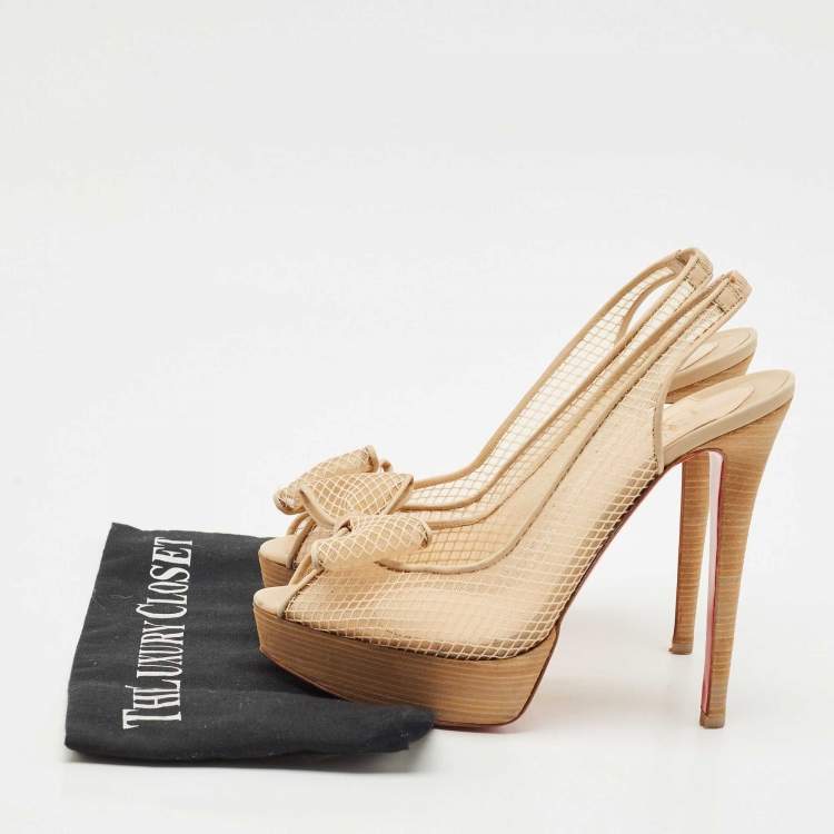 Pre Owned Christian Louboutin Beige Mesh and Leather Bow Slingback Pumps Size 39
