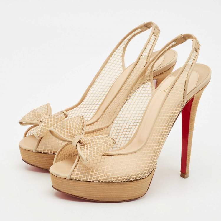 Pre Owned Christian Louboutin Beige Mesh and Leather Bow Slingback Pumps Size 39