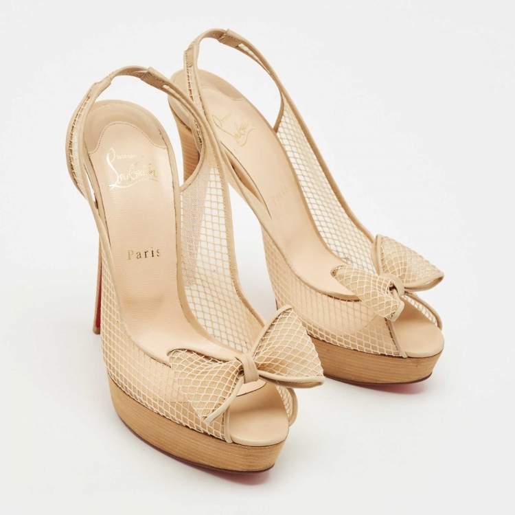 Pre Owned Christian Louboutin Beige Mesh and Leather Bow Slingback Pumps Size 39
