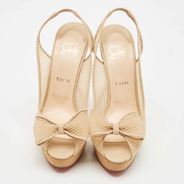 Pre Owned Christian Louboutin Beige Mesh and Leather Bow Slingback Pumps Size 39