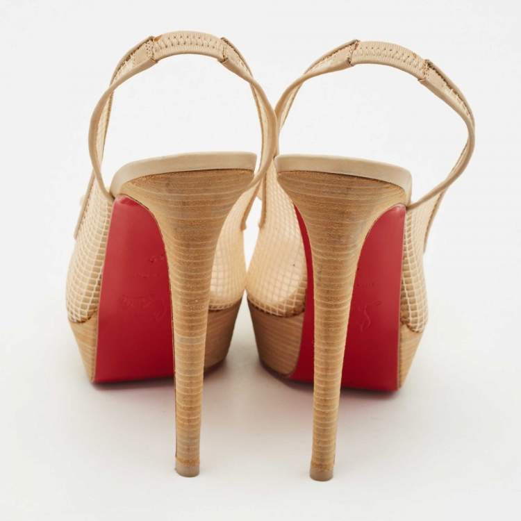 Pre Owned Christian Louboutin Beige Mesh and Leather Bow Slingback Pumps Size 39