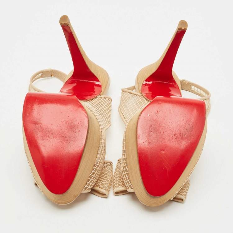 Pre Owned Christian Louboutin Beige Mesh and Leather Bow Slingback Pumps Size 39
