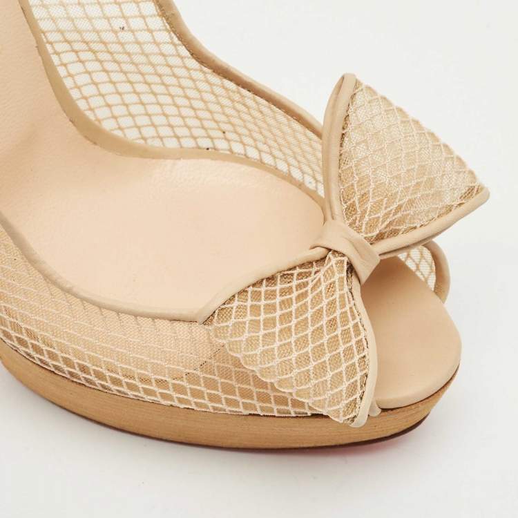 Pre Owned Christian Louboutin Beige Mesh and Leather Bow Slingback Pumps Size 39
