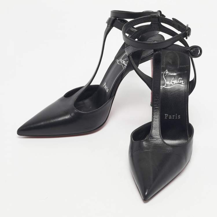Pre Owned Christian Louboutin Black Leather Maravilla Ankle-Strap Pumps Size 37