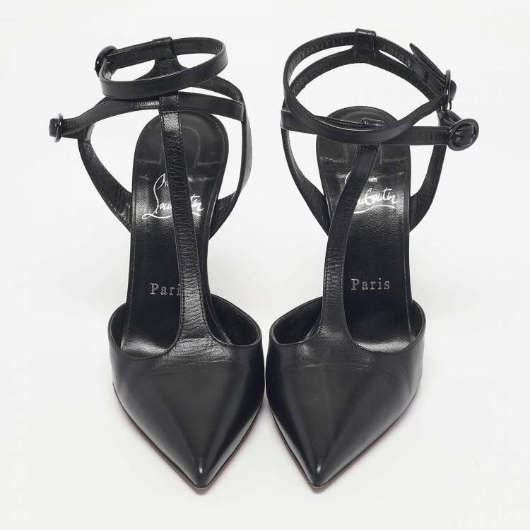 Pre Owned Christian Louboutin Black Leather Maravilla Ankle-Strap Pumps Size 37