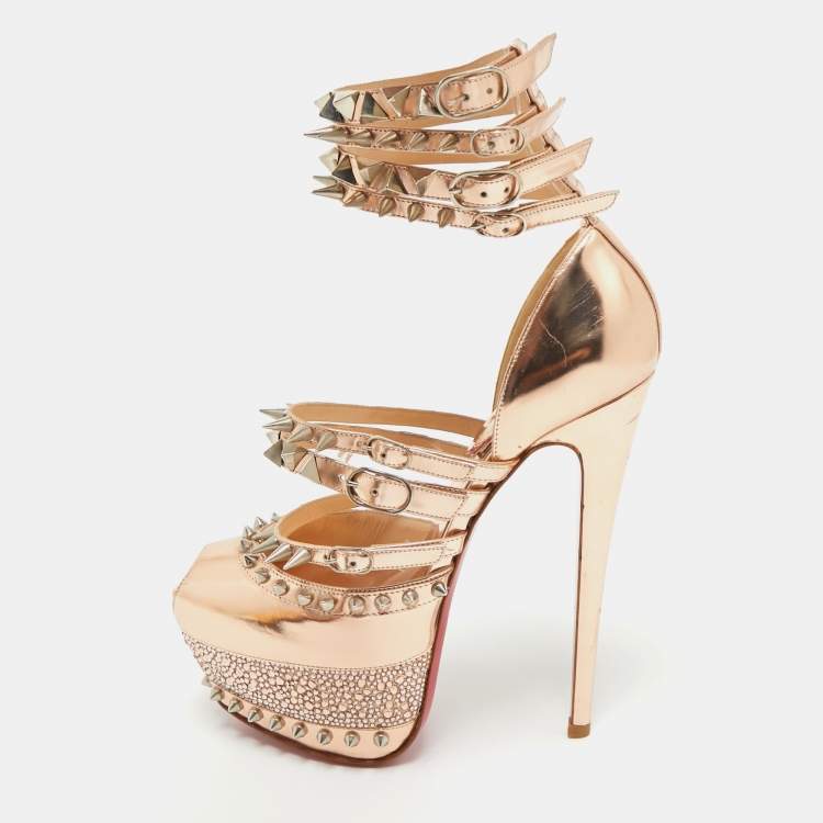 Pre Owned Christian Louboutin Rose Gold Patent Leather 20th Anniversary Isolde Spiked Pumps Size 39