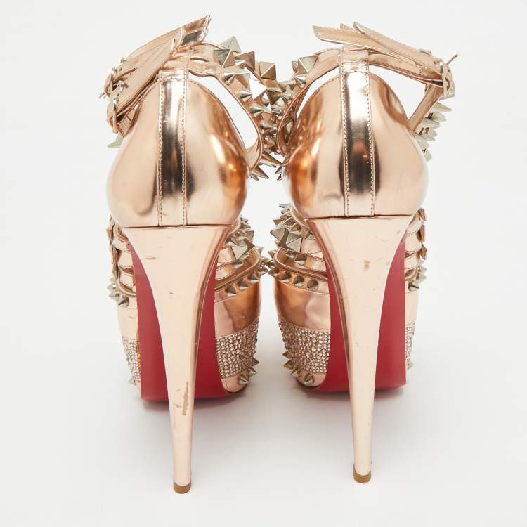 Pre Owned Christian Louboutin Rose Gold Patent Leather 20th Anniversary Isolde Spiked Pumps Size 39
