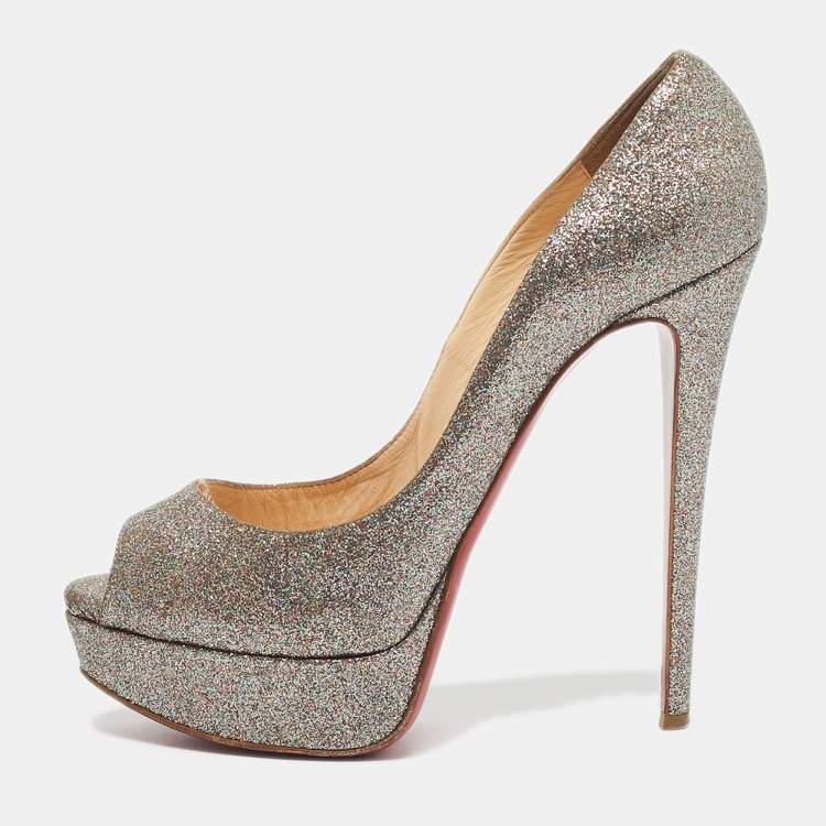 Pre Owned Christian Louboutin Multicolor Glitter Leather Lady Peep Toe Pumps Size 38.5