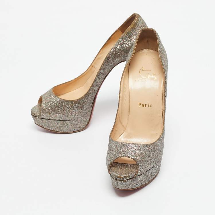 Pre Owned Christian Louboutin Multicolor Glitter Leather Lady Peep Toe Pumps Size 38.5