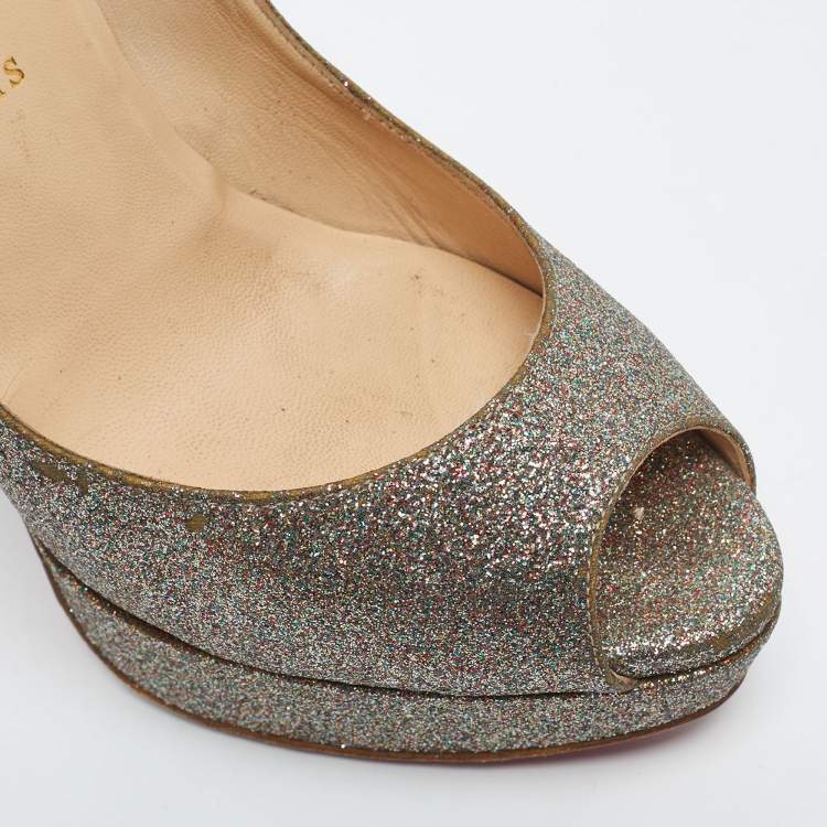 Pre Owned Christian Louboutin Multicolor Glitter Leather Lady Peep Toe Pumps Size 38.5