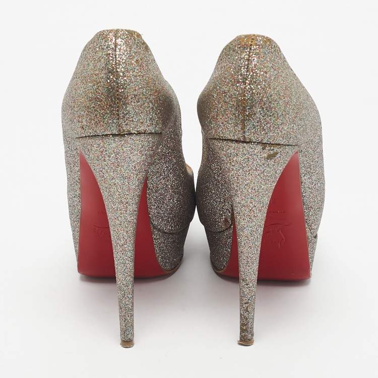 Pre Owned Christian Louboutin Multicolor Glitter Leather Lady Peep Toe Pumps Size 38.5