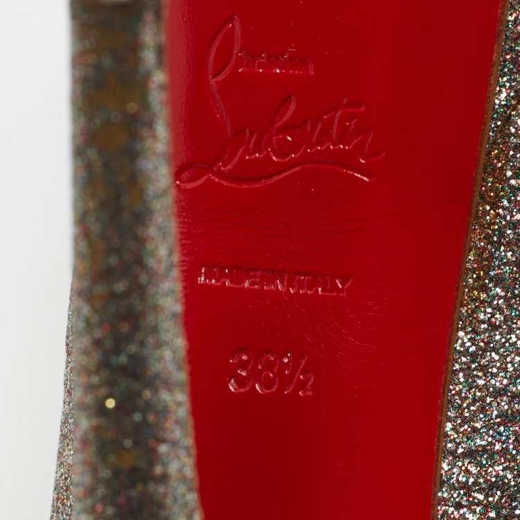 Pre Owned Christian Louboutin Multicolor Glitter Leather Lady Peep Toe Pumps Size 38.5