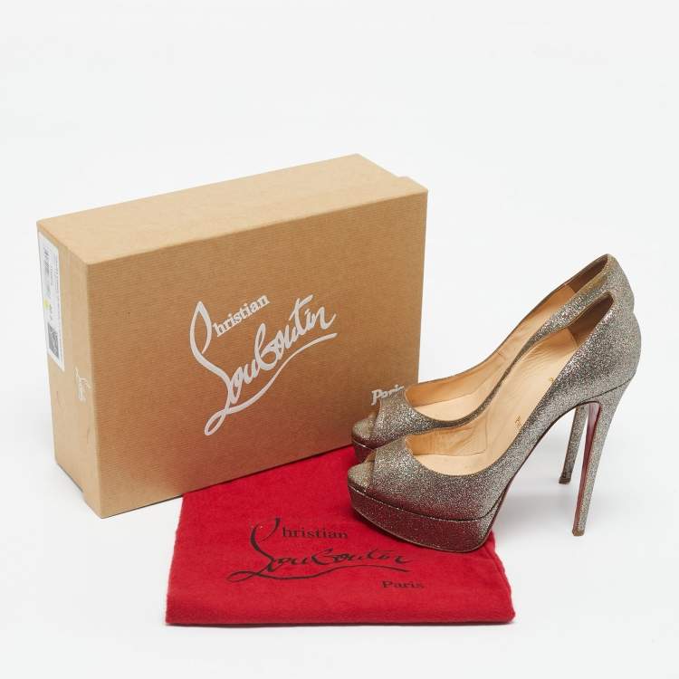 Pre Owned Christian Louboutin Multicolor Glitter Leather Lady Peep Toe Pumps Size 38.5