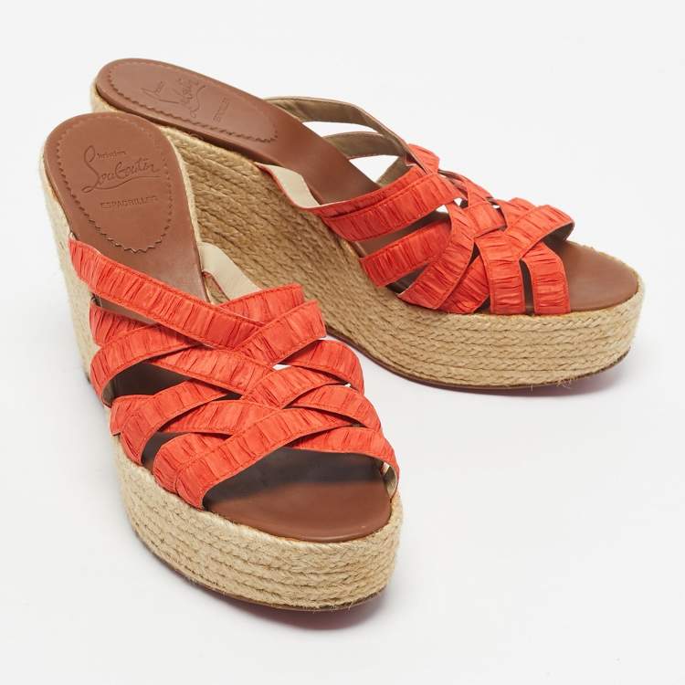 Pre Owned Christian Louboutin Orange Pleton Fabric Crepon Wedge Sandals Size 40