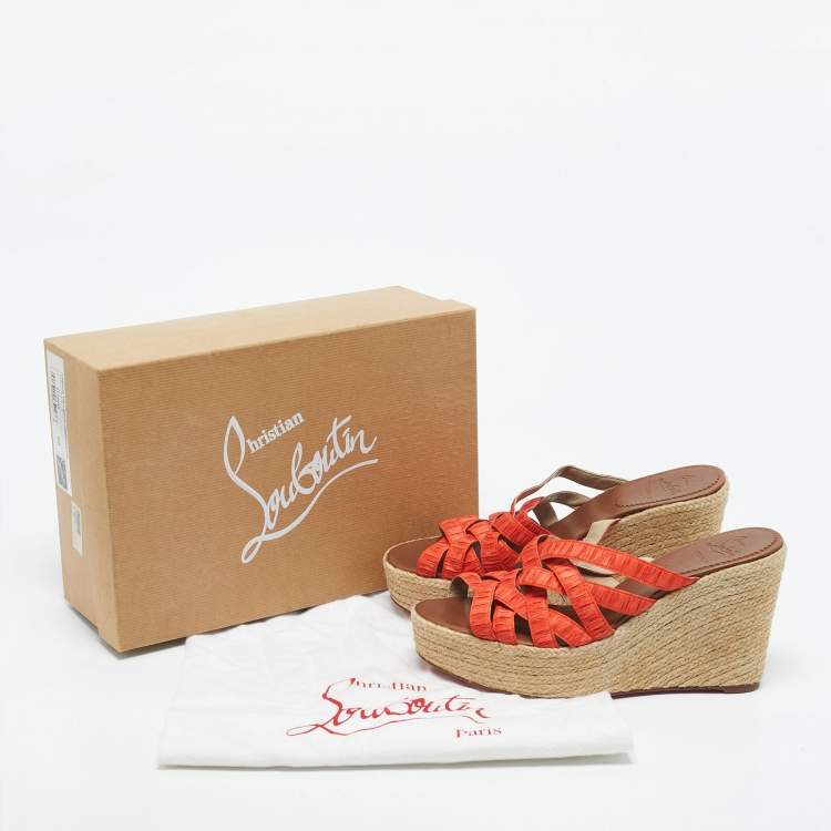 Pre Owned Christian Louboutin Orange Pleton Fabric Crepon Wedge Sandals Size 40