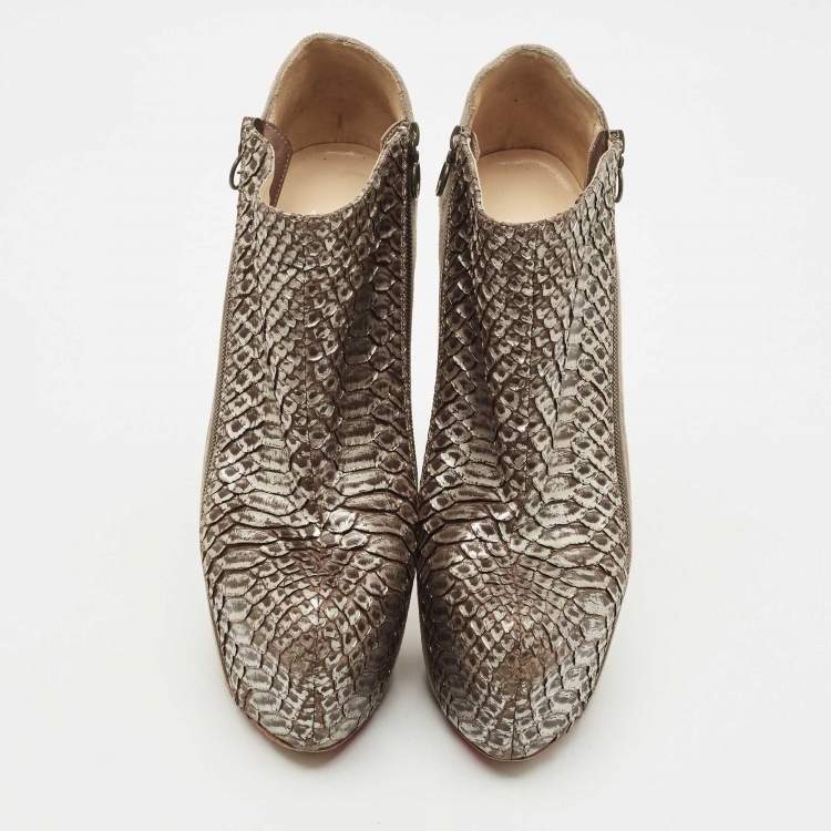 Pre Owned Christian Louboutin Metallic/Brown Python Leather and Suede 4A Ankle Length Boots Size 39