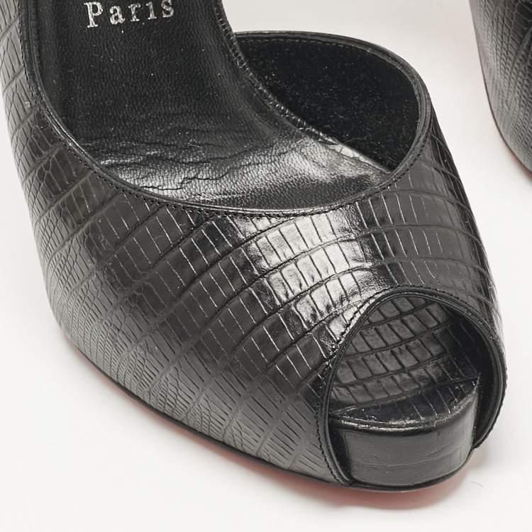 Pre Owned Christian Louboutin Black Croc Embossed Leather Jenlove Alta Peep Toe Ankle Strap Pumps Size 40