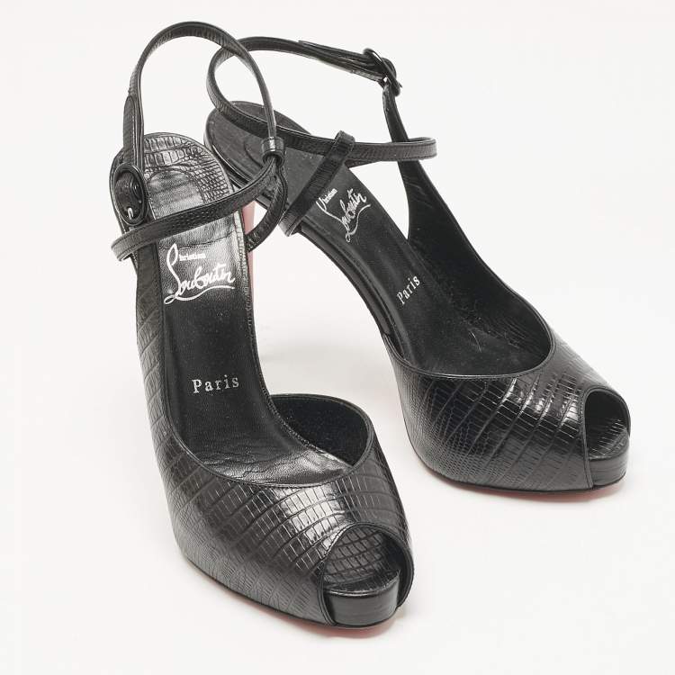 Pre Owned Christian Louboutin Black Croc Embossed Leather Jenlove Alta Peep Toe Ankle Strap Pumps Size 40