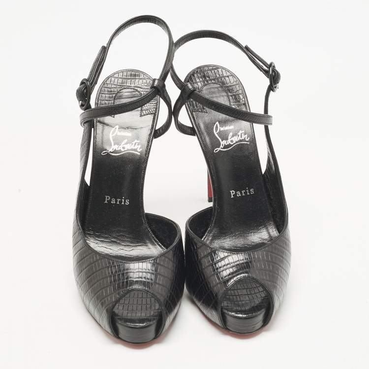 Pre Owned Christian Louboutin Black Croc Embossed Leather Jenlove Alta Peep Toe Ankle Strap Pumps Size 40