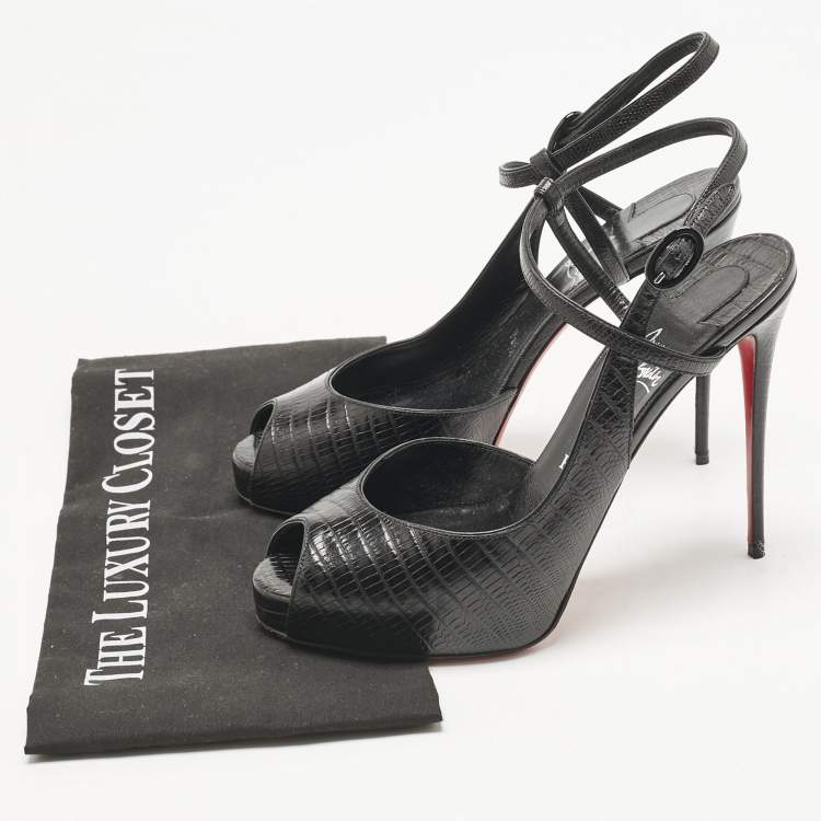 Pre Owned Christian Louboutin Black Croc Embossed Leather Jenlove Alta Peep Toe Ankle Strap Pumps Size 40