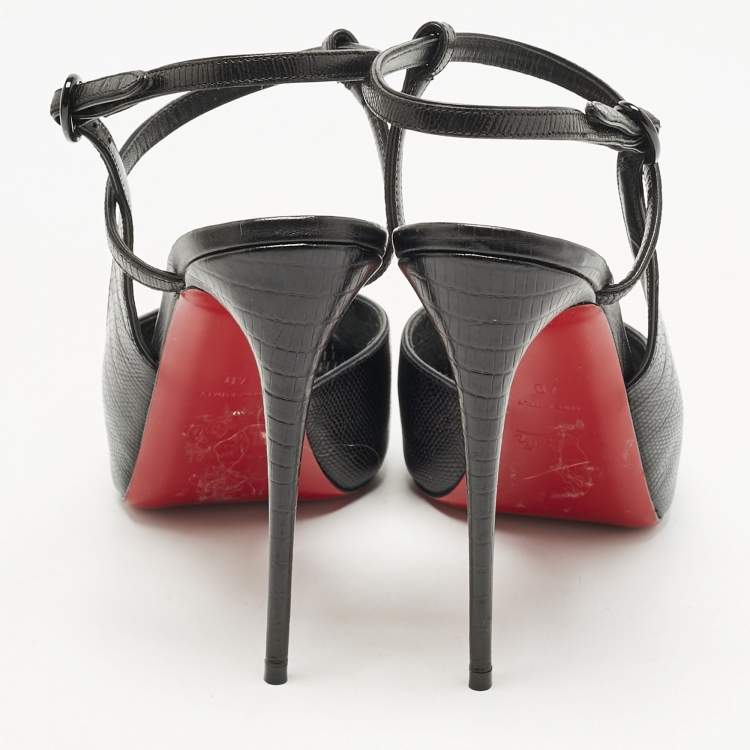 Pre Owned Christian Louboutin Black Croc Embossed Leather Jenlove Alta Peep Toe Ankle Strap Pumps Size 40