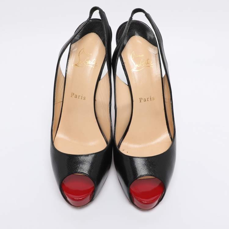 Pre Owned Christian Louboutin Black Leather No Prive Peep Toe Slingback Pumps Size 39.5