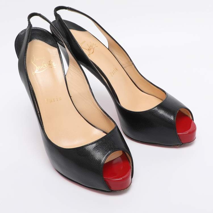 Pre Owned Christian Louboutin Black Leather No Prive Peep Toe Slingback Pumps Size 39.5