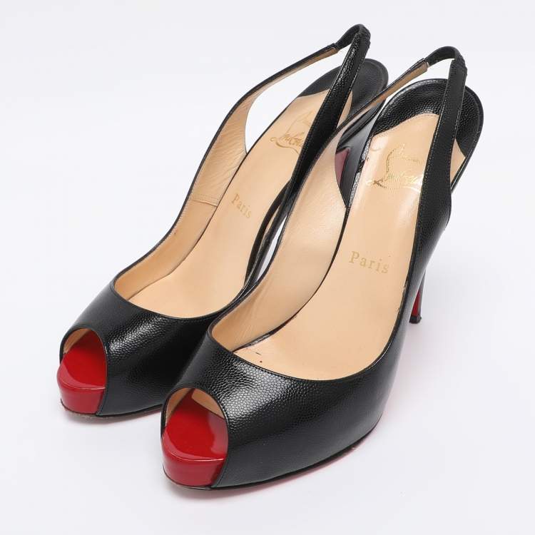 Pre Owned Christian Louboutin Black Leather No Prive Peep Toe Slingback Pumps Size 39.5