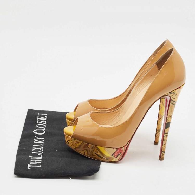 Pre Owned Christian Louboutin Beige Patent Leather Lady Peep Pumps Size 38.5
