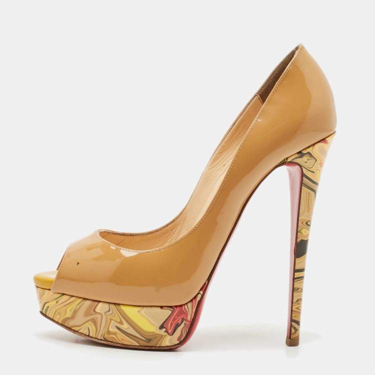Pre Owned Christian Louboutin Beige Patent Leather Lady Peep Pumps Size 38.5