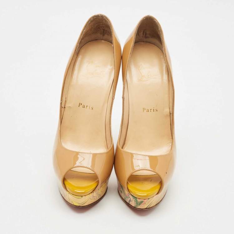 Pre Owned Christian Louboutin Beige Patent Leather Lady Peep Pumps Size 38.5