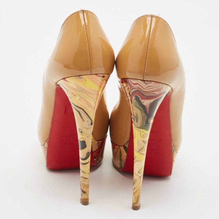 Pre Owned Christian Louboutin Beige Patent Leather Lady Peep Pumps Size 38.5