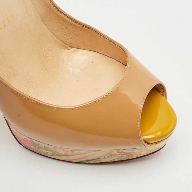 Pre Owned Christian Louboutin Beige Patent Leather Lady Peep Pumps Size 38.5