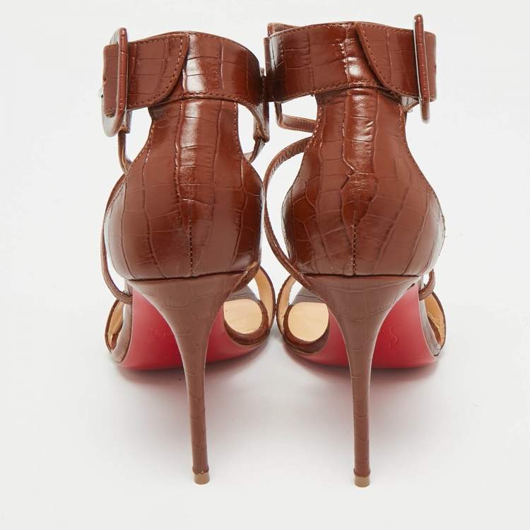 Pre Owned Christian Louboutin Brown Croc Embossed Leather Ankle Strap Sandals Size 35