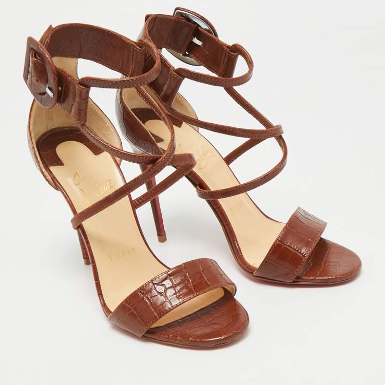 Pre Owned Christian Louboutin Brown Croc Embossed Leather Ankle Strap Sandals Size 35