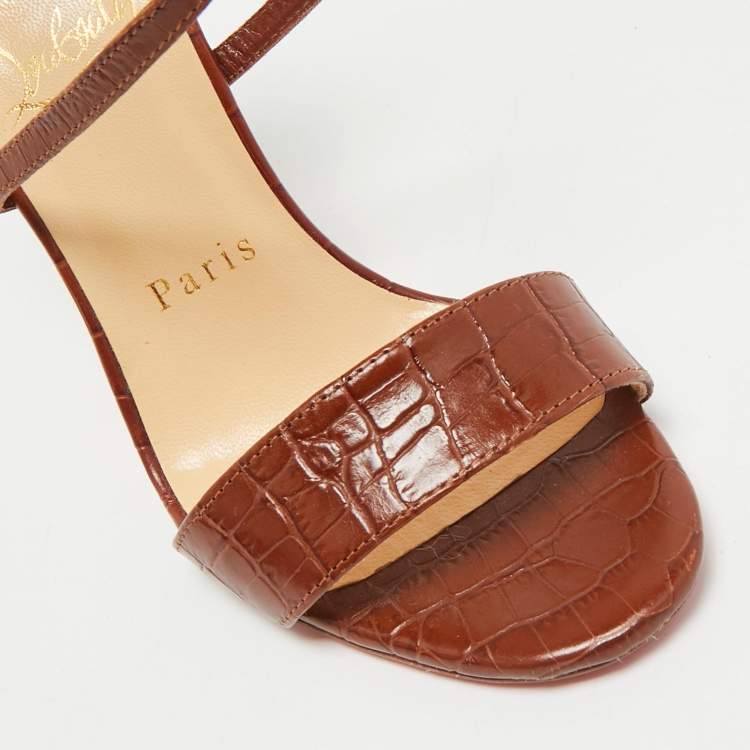 Pre Owned Christian Louboutin Brown Croc Embossed Leather Ankle Strap Sandals Size 35